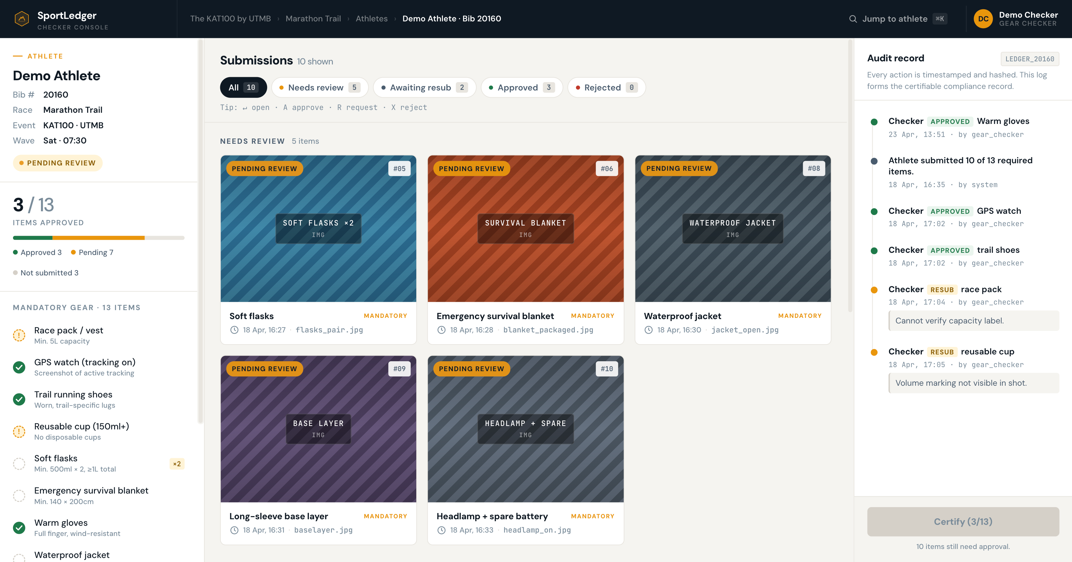 SportLedger gear check dashboard